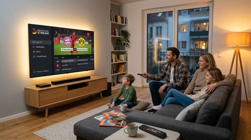 Futuristische IPTV Anbieter Oberfläche mit deutschen Kanälen und digitalen Screens