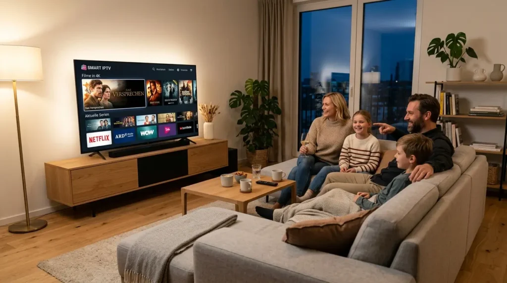 Futuristische Smart IPTV Oberfläche mit deutschen Kanälen und holografischem Interface