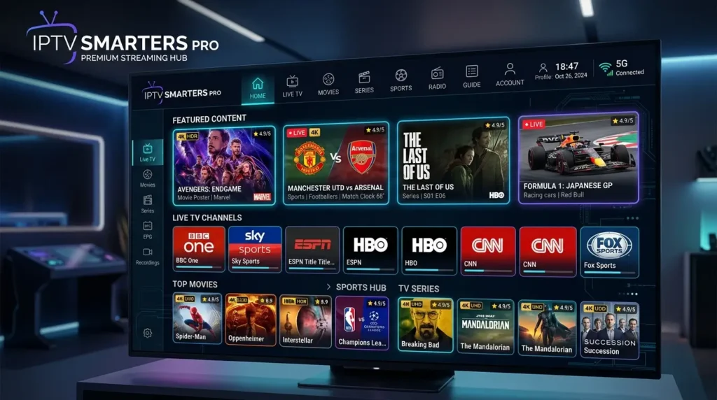 Futuristische IPTV Smarters Pro Oberfläche mit Streaming-Kategorien und UI-Elementen
