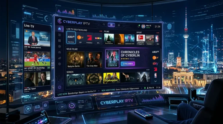 IPTV Anbieter Streaming auf Smart-TV mit Berliner Skyline und Deutschlandfarben