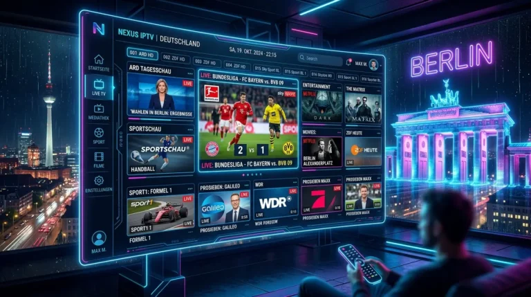 Smart IPTV Streaming auf Smart-TV mit Berliner Skyline und Deutschland-Farben
