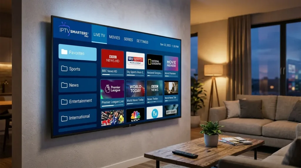 IPTV Smarters Pro Oberfläche auf Smart-TV im modernen Wohnzimmer