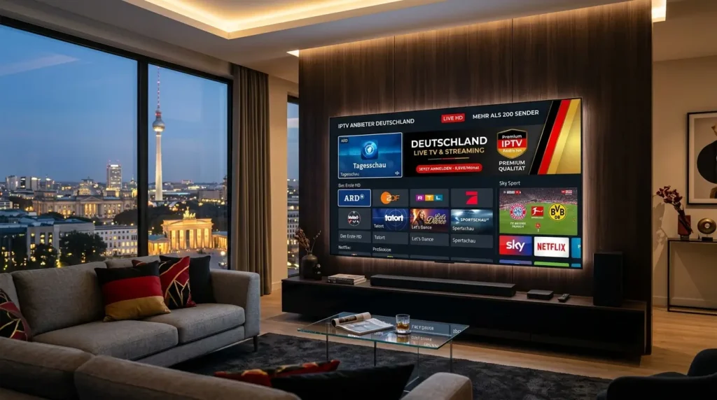 Familie nutzt IPTV Anbieter auf Smart-TV in modernem deutschen Wohnzimmer