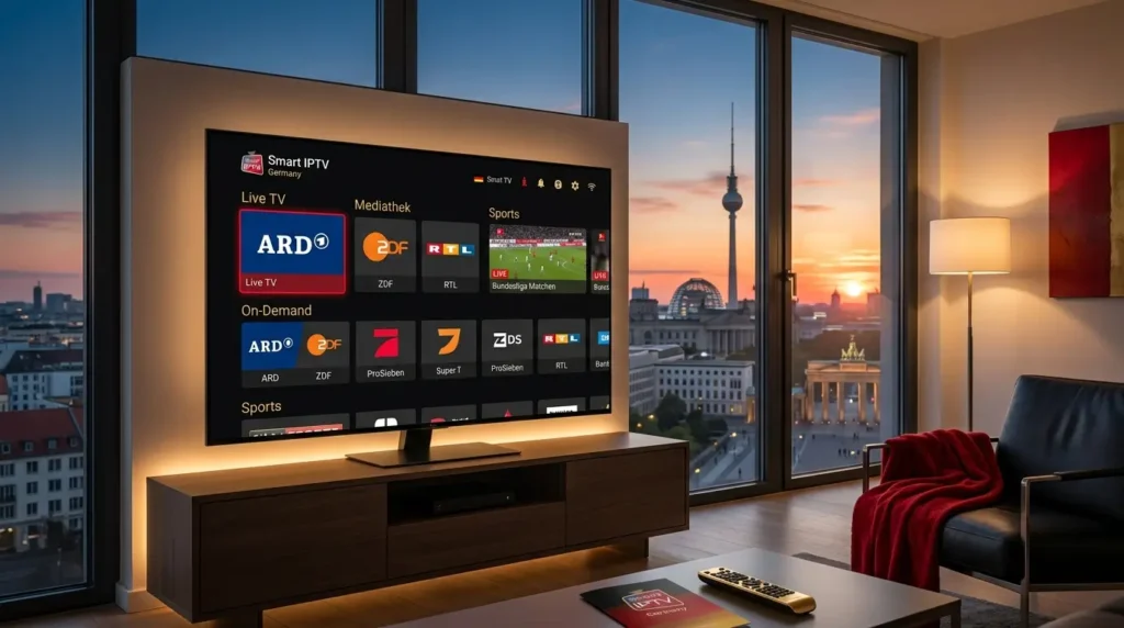 Familie schaut Smart IPTV auf Smart-TV in einer modernen deutschen Wohnung